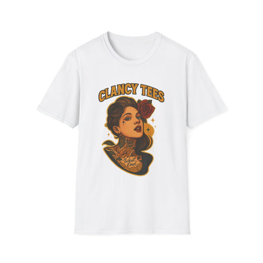 Vintage Tattoo-Inspired Unisex Softstyle T-Shirt, Unique Graphic Tee, Casual Statement Shirt, Perfect Gift for Friends & Festivals