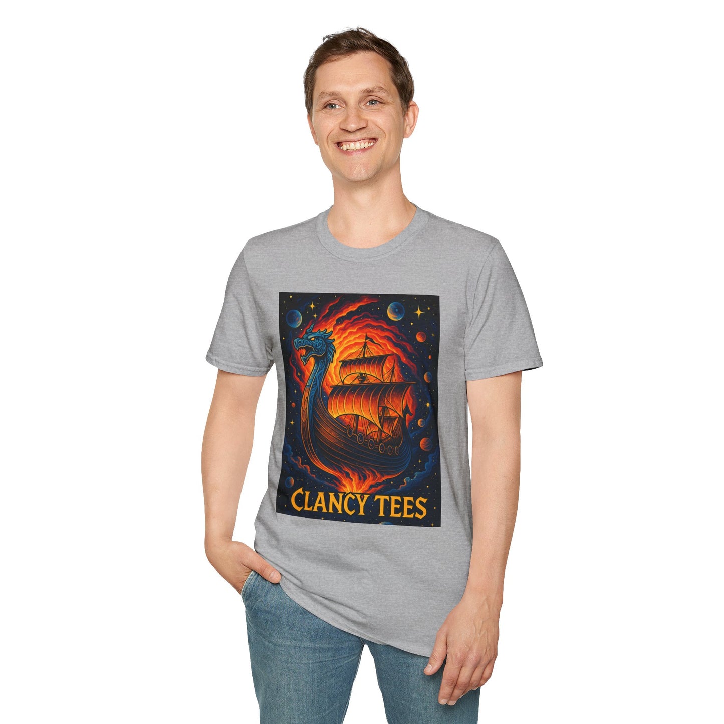 Viking Ship Dragon Shirt – Trippy Norse Mythology Tee with Fiery Cosmic Art – Bold Fantasy Graphic – Gift for Myth Lovers and Warrior Souls