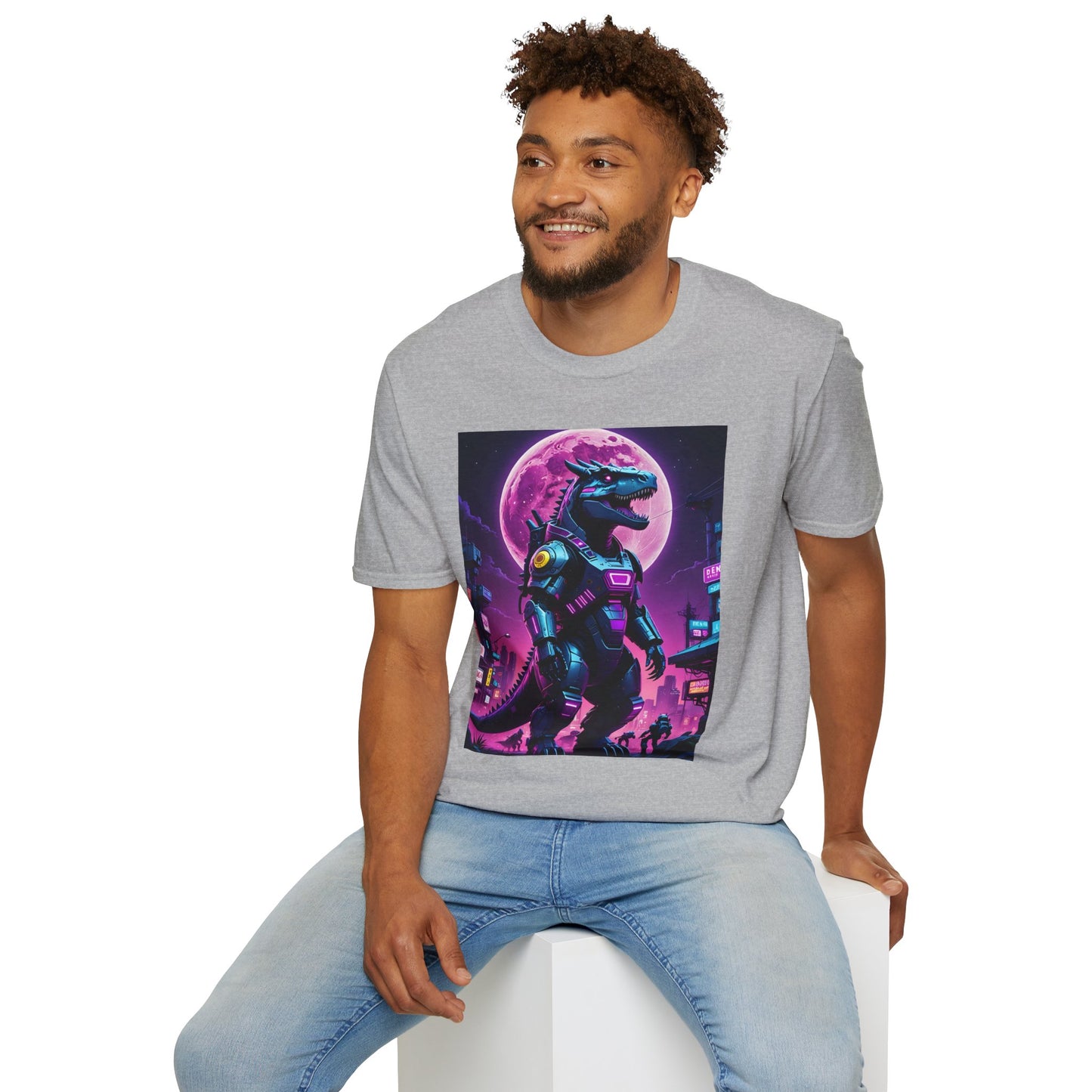 Cyberpunk Dinosaur T Shirt Neon Retro Graphic Tee Futuristic Monster Artwork Top Gift for Sci Fi Fans