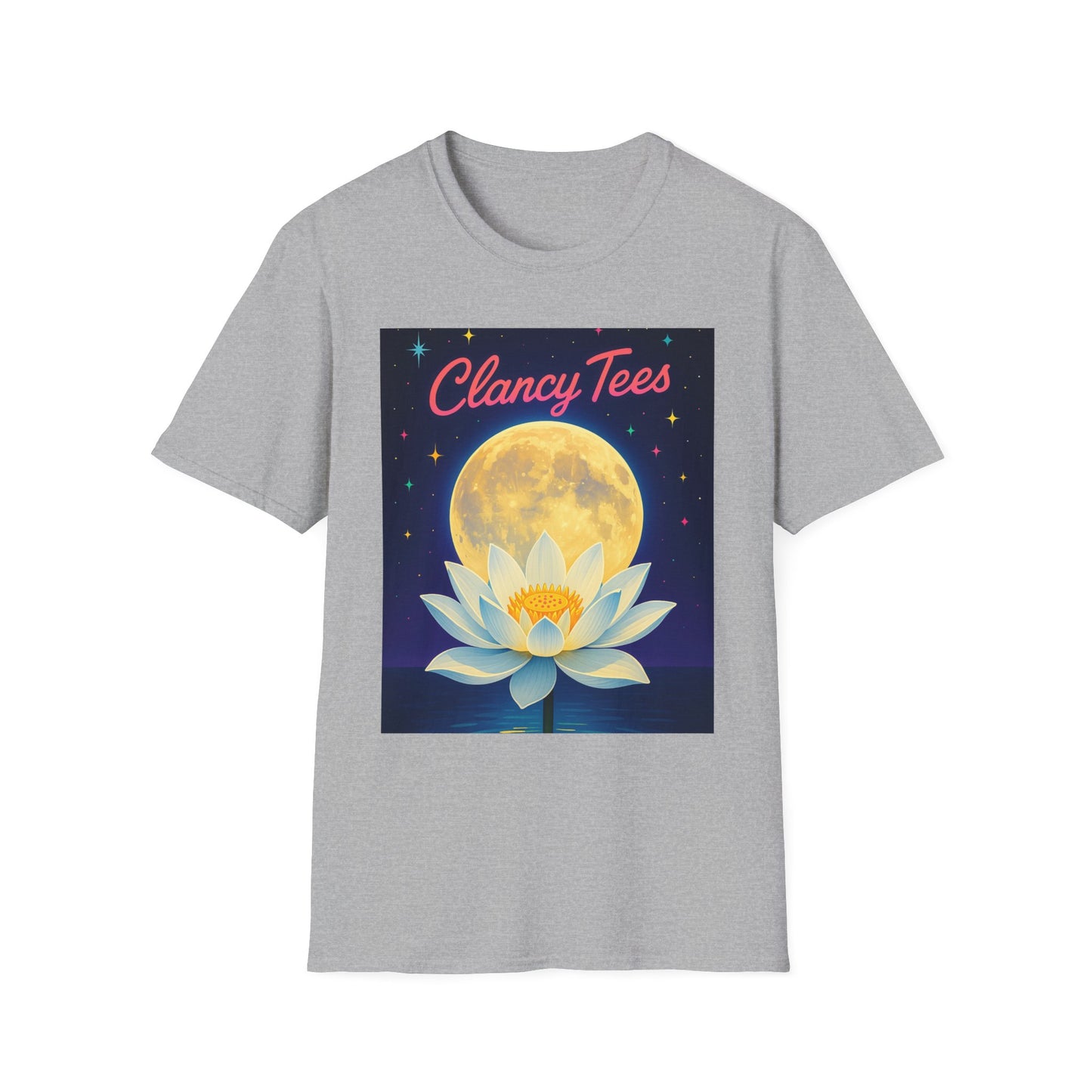 Moon Lotus Clancy Tees Shirt – Ethereal Floral T-Shirt with Full Moon Art – Gift for Nature Lovers, Yogis, Dreamers & Spiritual Aesthetic Fans