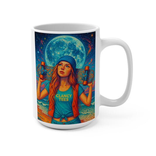 Moonlit Skater Girl Ceramic Mug Psychedelic Ocean Night Coffee Cup