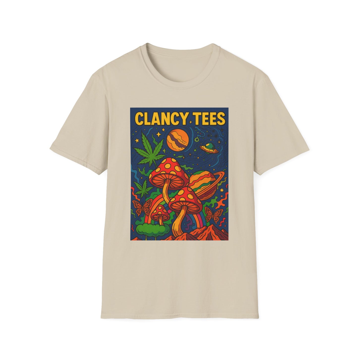 Trippy Mushroom Graphic T Shirt Psychedelic Space Art Tee Cosmic Fungi Illustration Unisex Softstyle Gift for Stoner Friends Gift for Psychedelic Fans