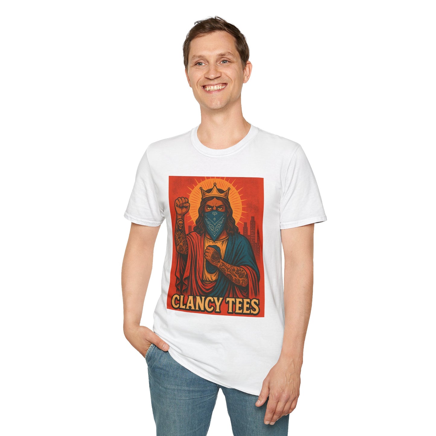 Tattooed Jesus Street Art Shirt – Clancy Tees | Urban Messiah Graphic Tee | Bold Religious Satire Shirt | King of the Block Tee