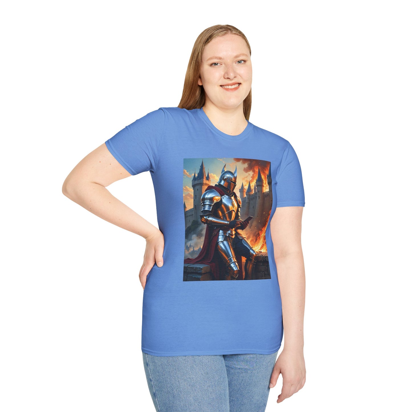 Knight in Burning Castle Shirt – Dark Fantasy Armor Tee – Gift for RPG Fans, Medieval Nerds, and Apocalyptic History Buffs