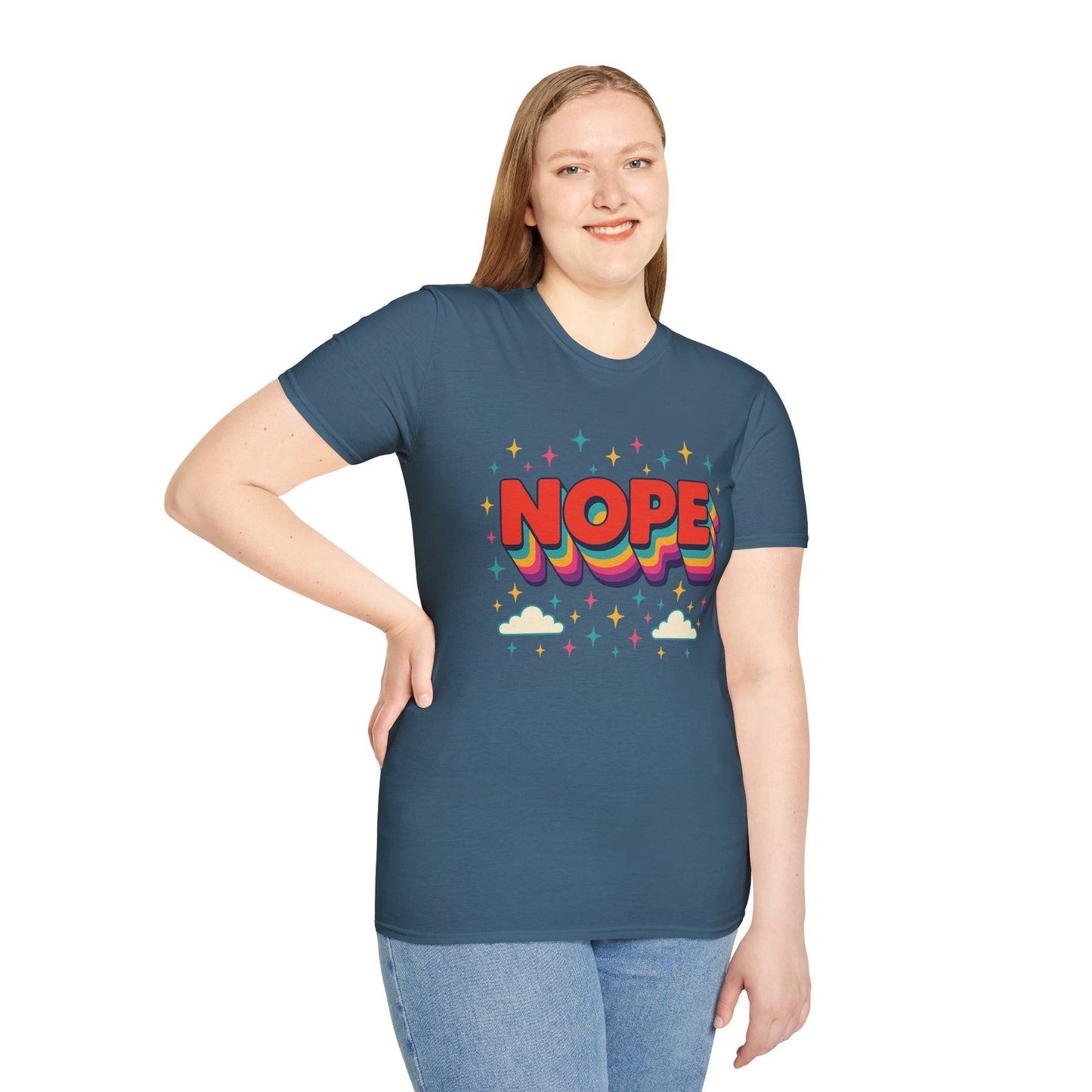 Nope Rainbow Cloud T-Shirt Funny Antisocial Humor Gift for Introverts Softstyle Unisex Tee