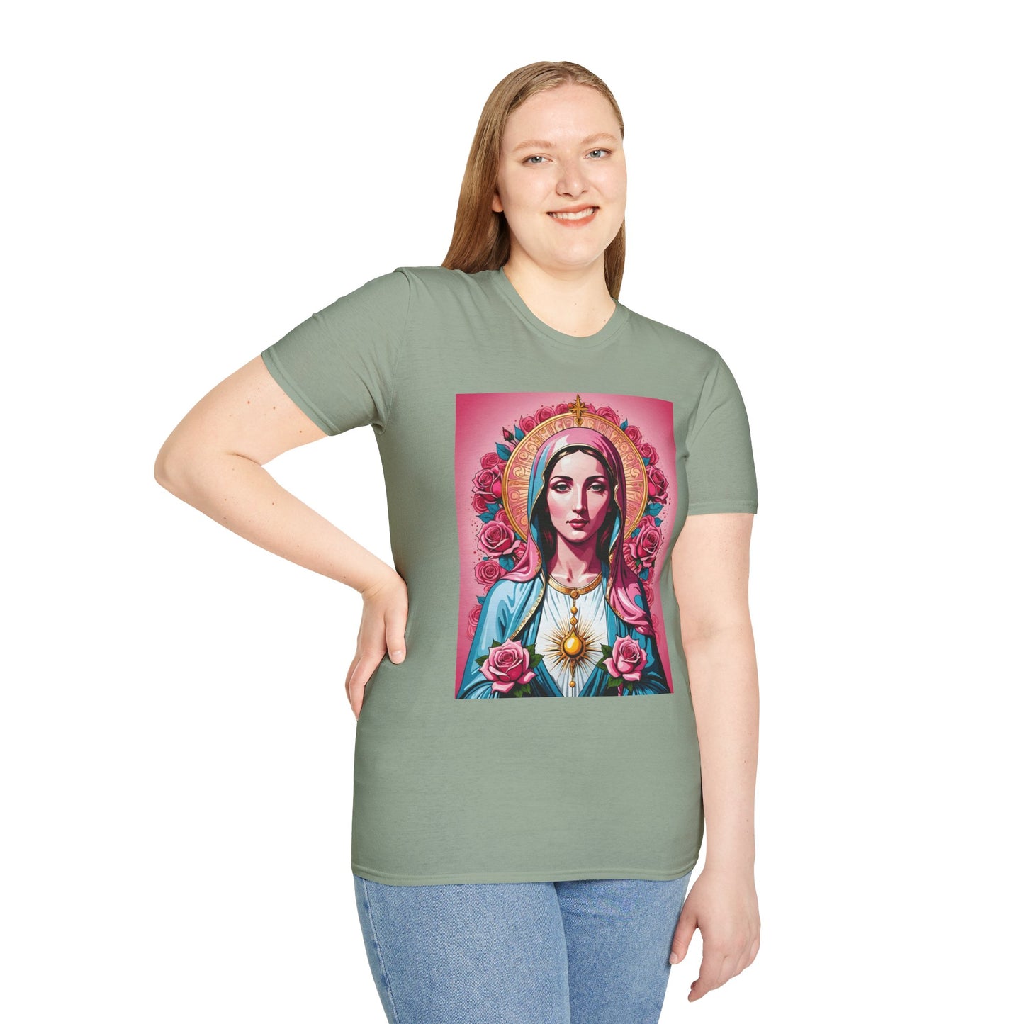 Unisex Softstyle T-Shirt with Sacred Heart Design, Spiritual Apparel, Artistic Gift for Many Occasions, Vintage Aesthetic, Festive Wear