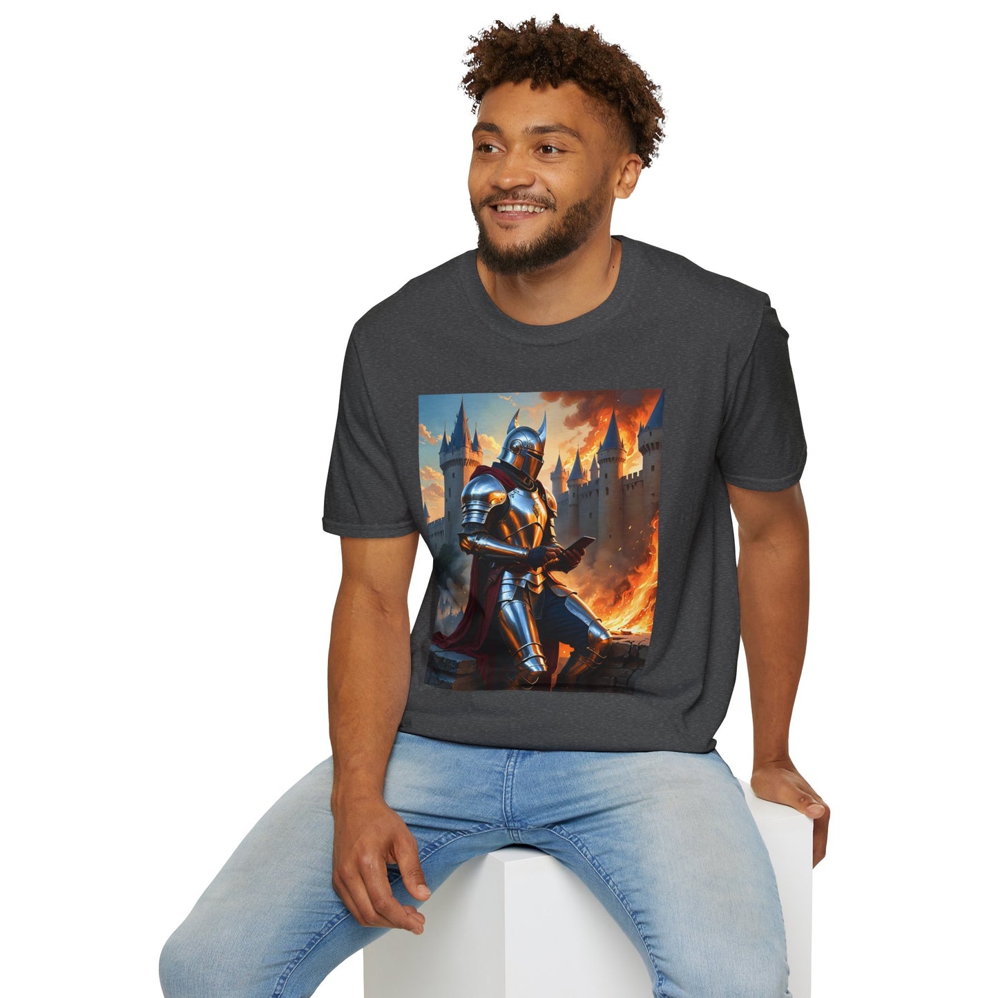 Knight in Burning Castle Shirt – Dark Fantasy Armor Tee – Gift for RPG Fans, Medieval Nerds, and Apocalyptic History Buffs