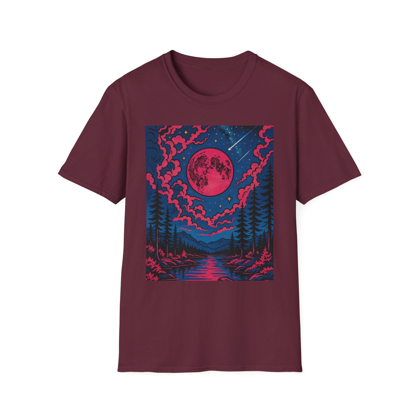 Trippy Red Moon Forest T-Shirt – Surreal Nature Graphic Tee • Psychedelic Night Sky Shirt • Gildan Softstyle® Unisex • Gift for Nature Lovers