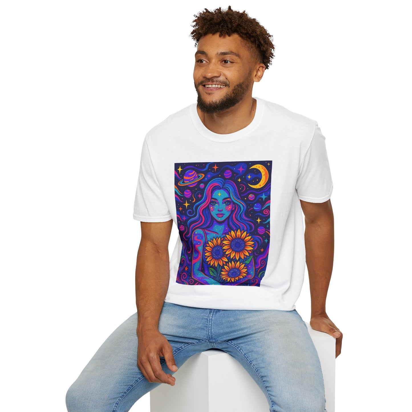 Psychedelic Sunflower Girl Shirt Trippy Space Goddess Tee Gift for Astrology Lovers Cosmic Art T Shirt for Hippies Star Gazers and Moon Magic Fans