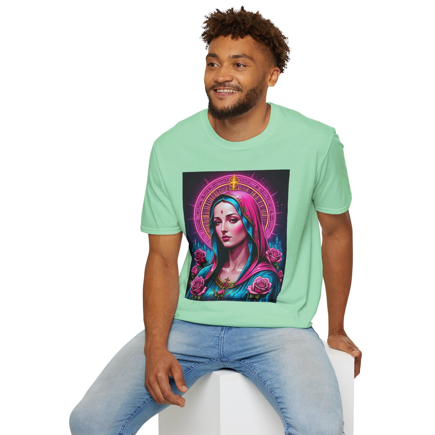 Religious Graphic Tee - Vibrant Mary Artwork, Gift for Devotees, Floral Design Shirt, Faith-Inspired Apparel, Everyday Wear