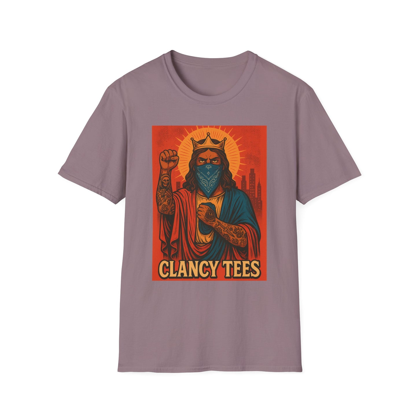 Tattooed Jesus Street Art Shirt – Clancy Tees | Urban Messiah Graphic Tee | Bold Religious Satire Shirt | King of the Block Tee