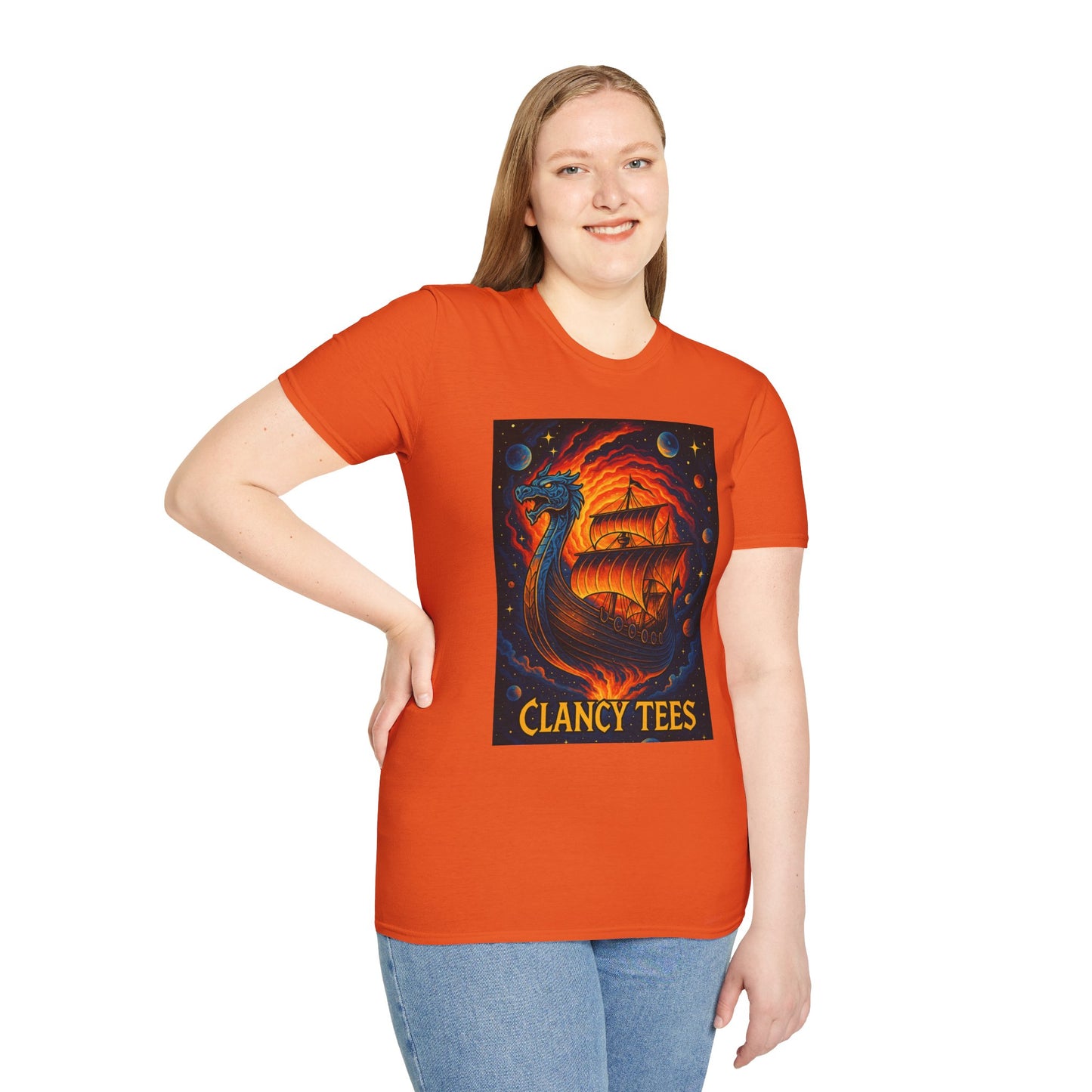 Viking Ship Dragon Shirt – Trippy Norse Mythology Tee with Fiery Cosmic Art – Bold Fantasy Graphic – Gift for Myth Lovers and Warrior Souls