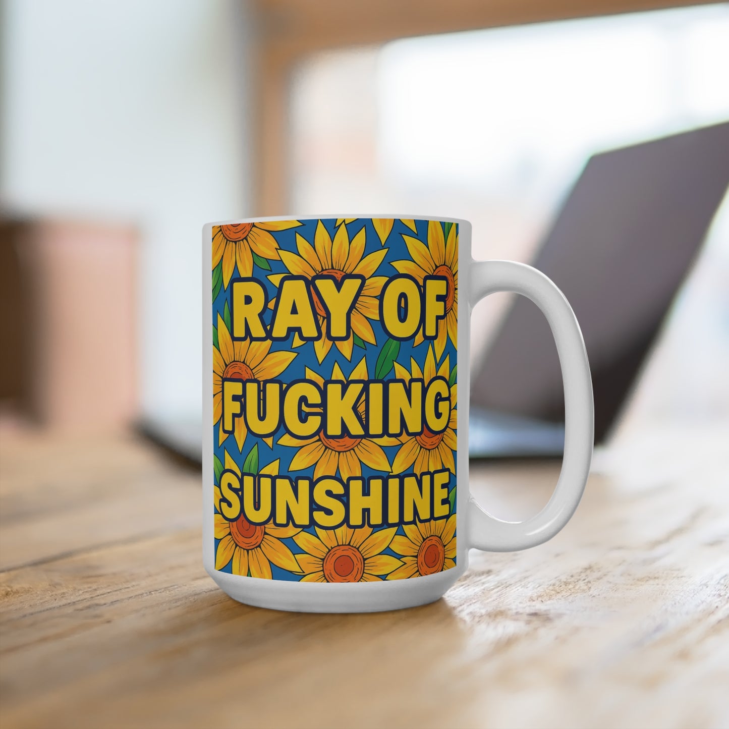 Ray Of Fucking Sunshine Mug Funny Sarcastic Sunflower Artwork Ceramic Coffee Cup Gift for Rude Friends