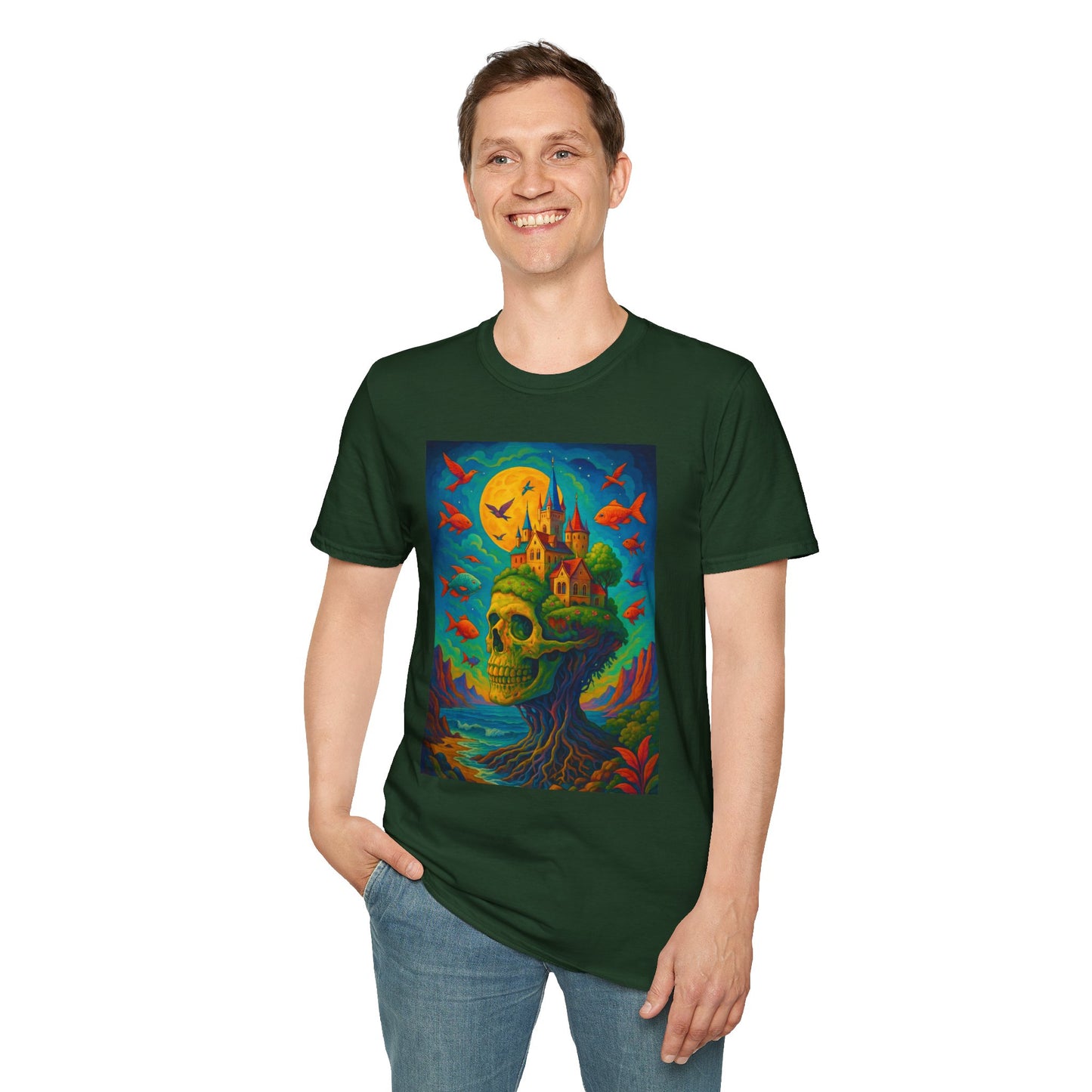 Psychedelic Skull Castle T-Shirt Surreal Fantasy Art Tee | Trippy Gothic Aesthetic Shirt | Gift for Weirdos and Dreamers | Dark Art Forest Top