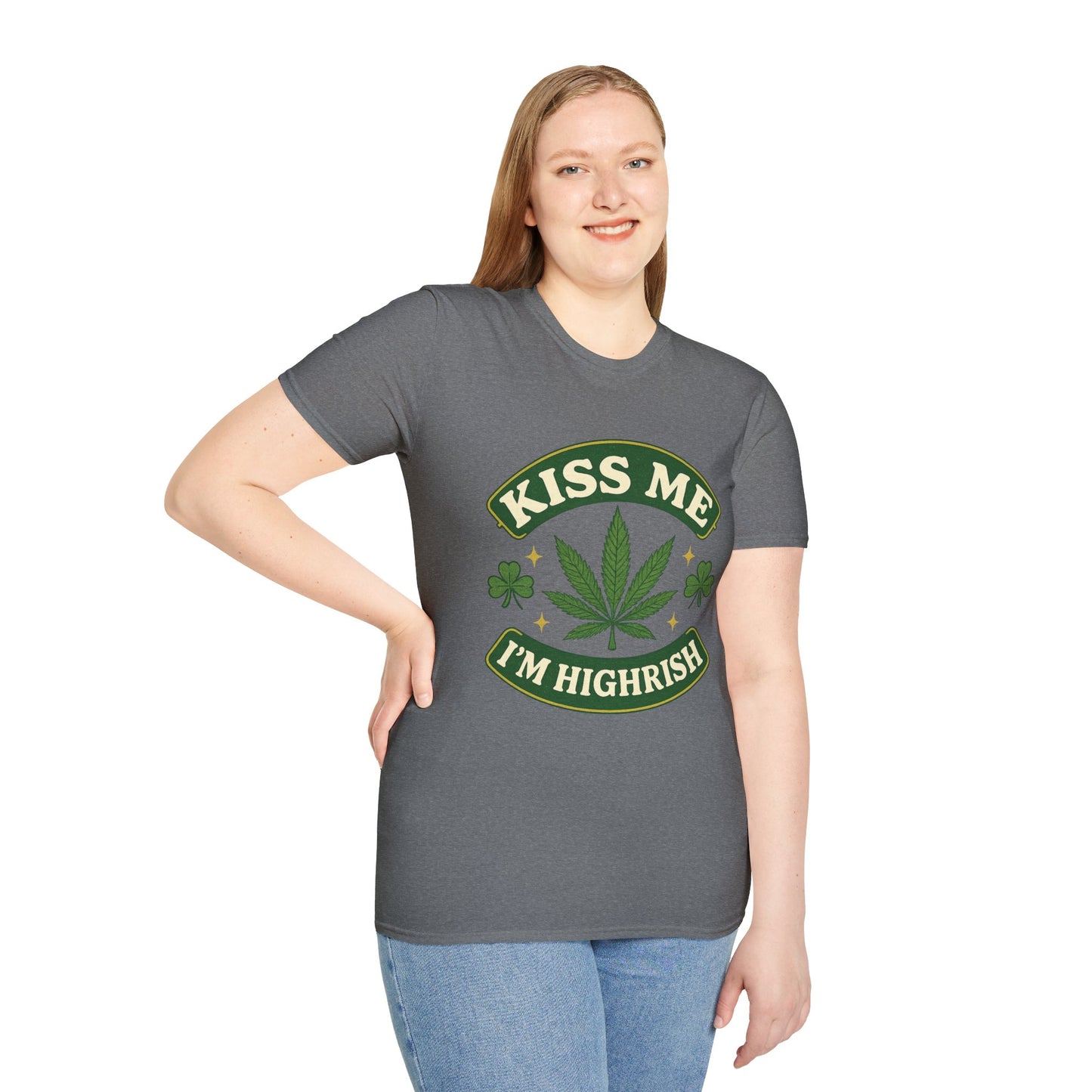 Kiss Me I’m Highrish Shirt – Funny Weed St. Patrick’s Day Tee – Cannabis Leaf Irish Parody Shirt – Gift for Stoner Friends and Green Beer Fans