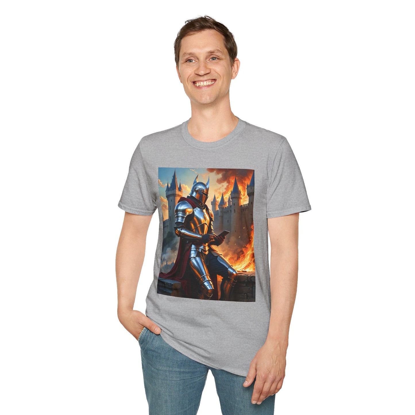 Knight in Burning Castle Shirt – Dark Fantasy Armor Tee – Gift for RPG Fans, Medieval Nerds, and Apocalyptic History Buffs