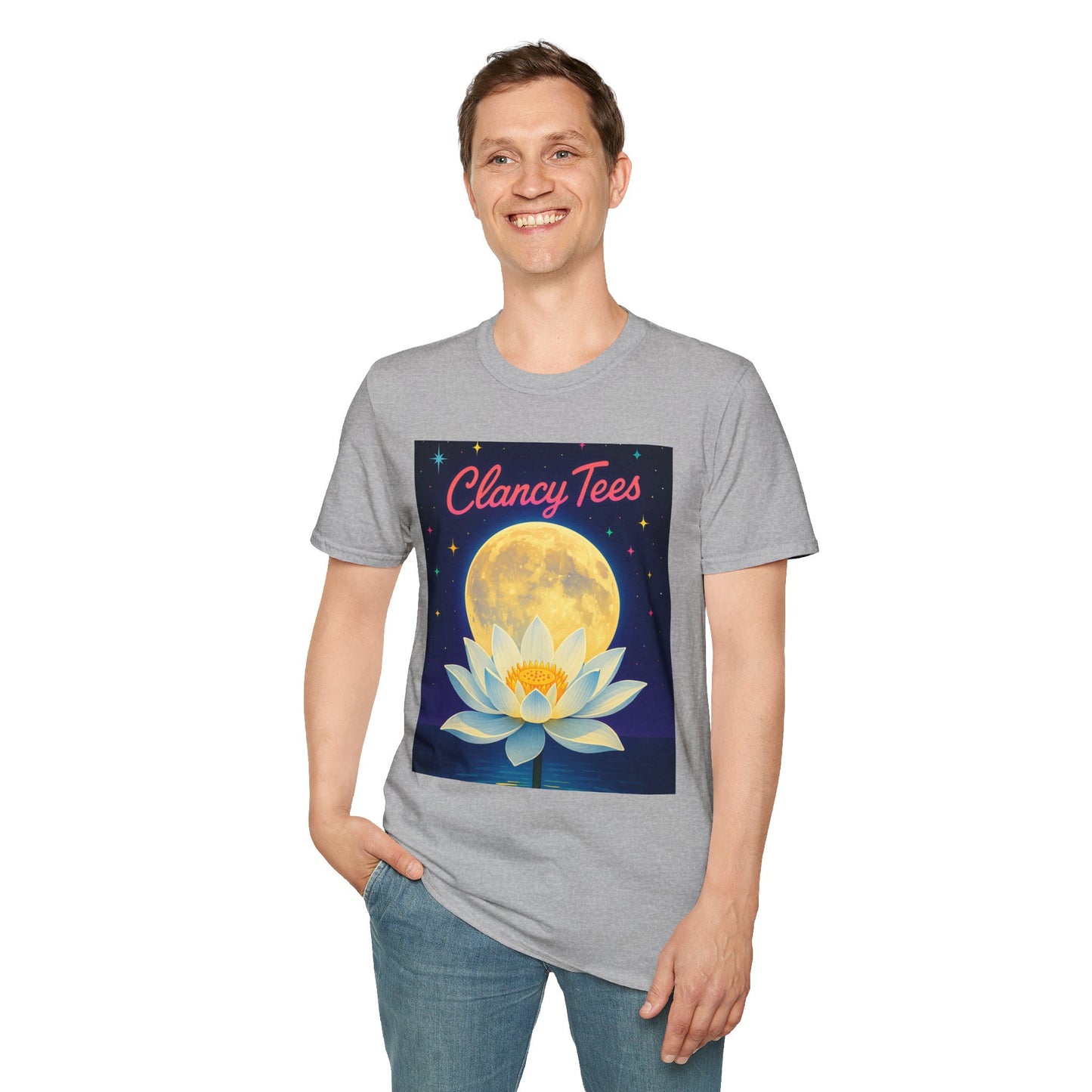 Moon Lotus Clancy Tees Shirt – Ethereal Floral T-Shirt with Full Moon Art – Gift for Nature Lovers, Yogis, Dreamers & Spiritual Aesthetic Fans