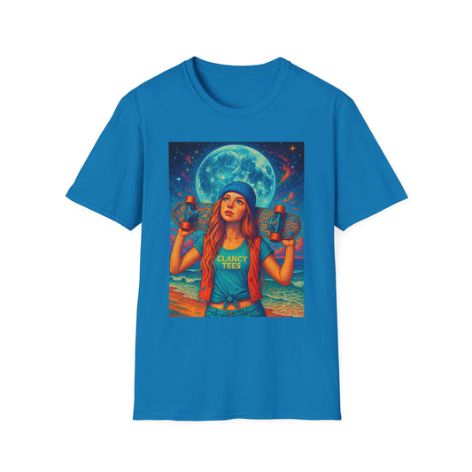 Bohemian Skater Girl Graphic Tee, Unisex T-Shirt with Moon & Nature Design, Perfect for Festivals, Gift for Nature Lovers, Summer Vibes, Casual Wear