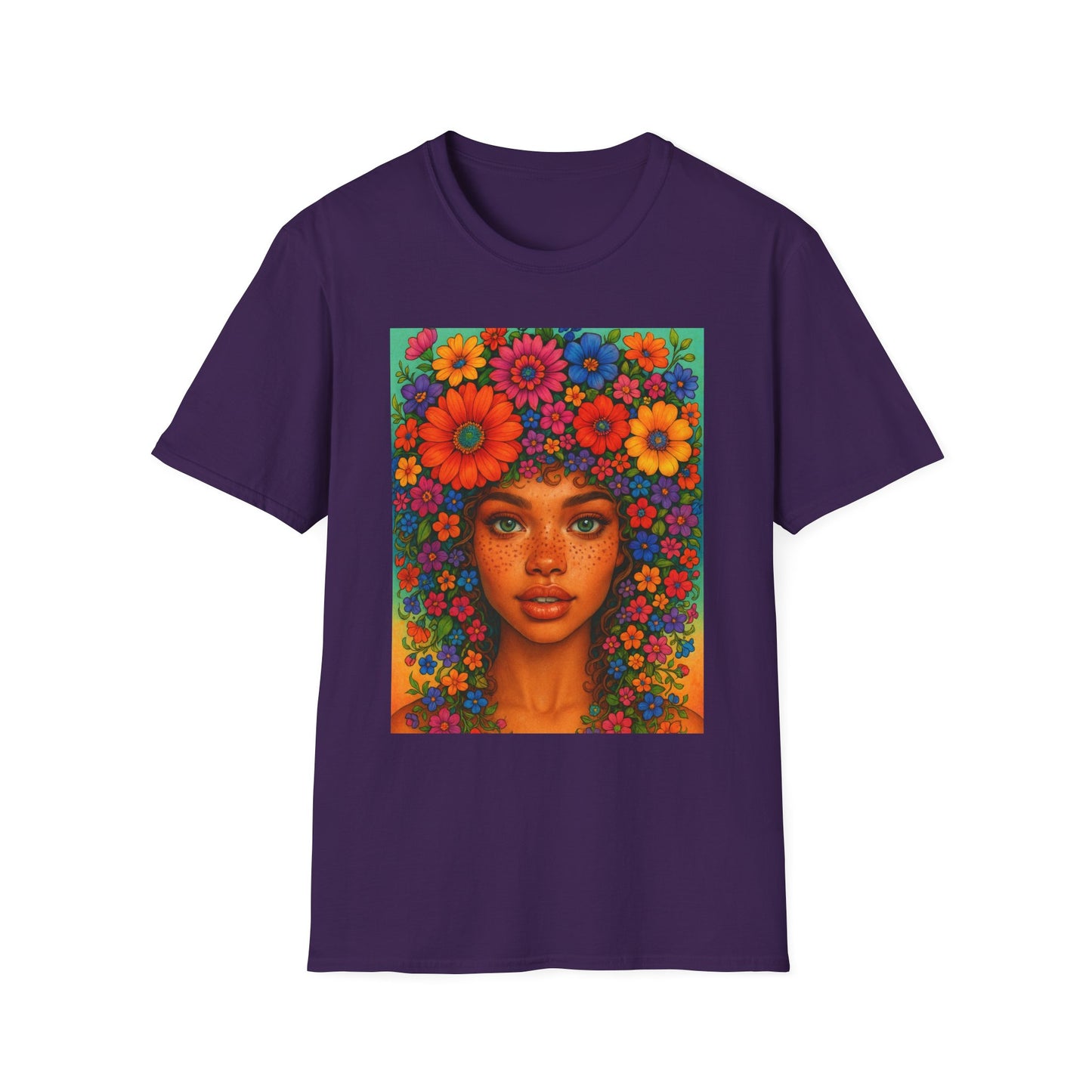 Flower Crown Woman T-Shirt – Afro Boho Floral Portrait Tee – Vibrant Art Shirt Gift for Nature Lovers, Hippies, Artists, and Bold Aesthetic Queens