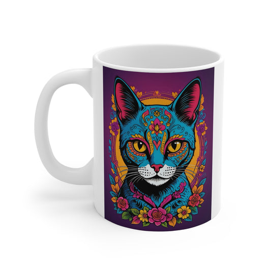 Vibrant Cat Mug, Colorful Cat Mug, Artistic Coffee Cup, Gift for Cat Lovers, Day of the Dead Decor