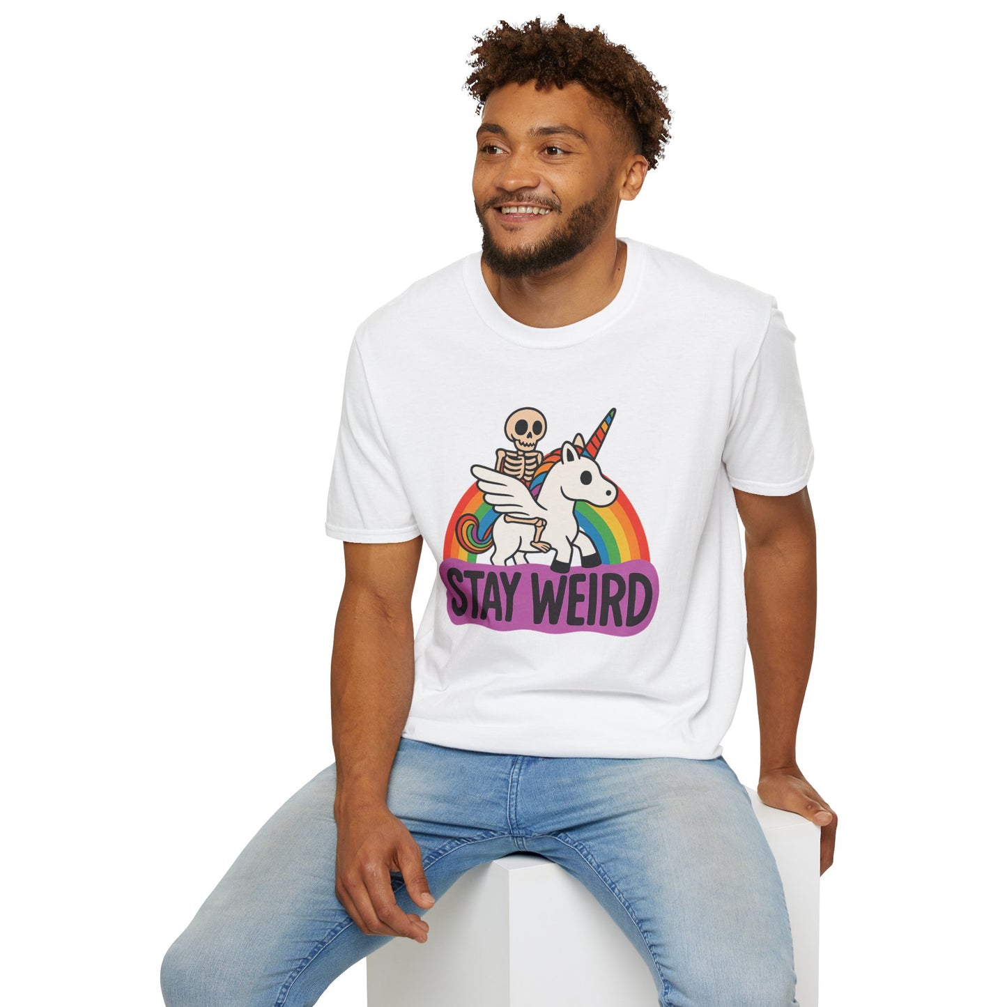 Stay Weird Skeleton Unicorn Shirt – Funny Rainbow Graphic Tee – Whimsical Weirdcore Clothing – Gift for Quirky Friends and Oddball Souls