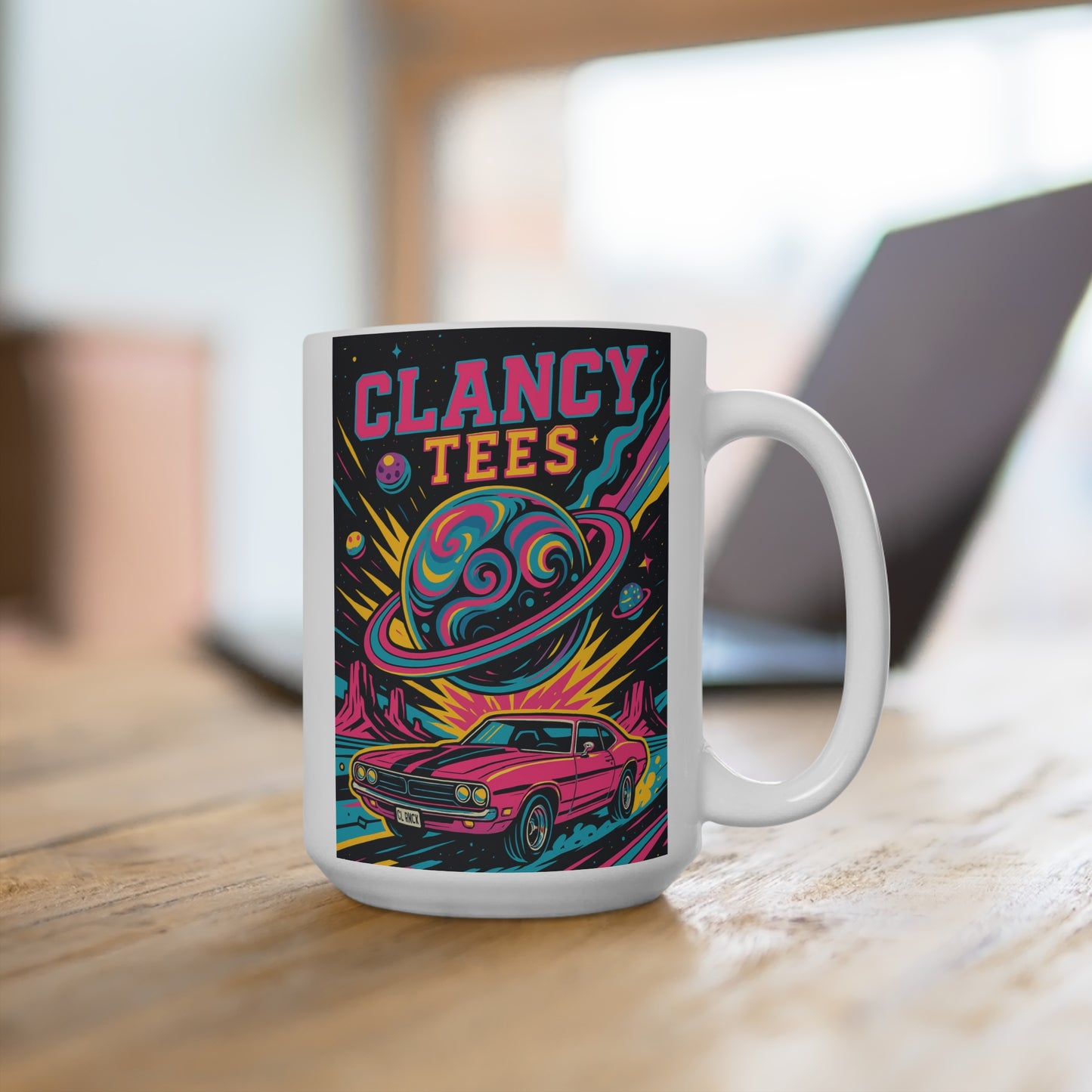 ClancyTees Retro Car Mug – Trippy Muscle Car Coffee Cup With Neon Planet Design, Psychedelic Cosmic Drinkware, Gift for Car Lovers