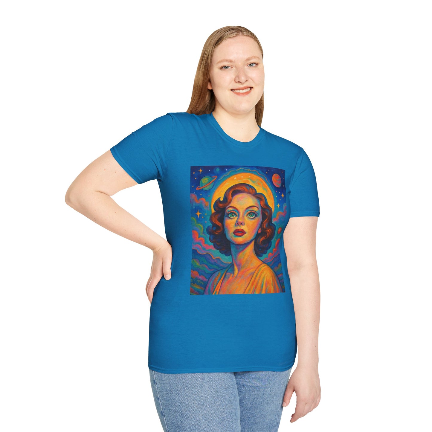 Retro Space Girl T Shirt Vintage Sci Fi Beauty Psychedelic Pop Art Galaxy Babe Tee Gift for Star Gazers Cosmic Fashion Astronaut Dreamwear