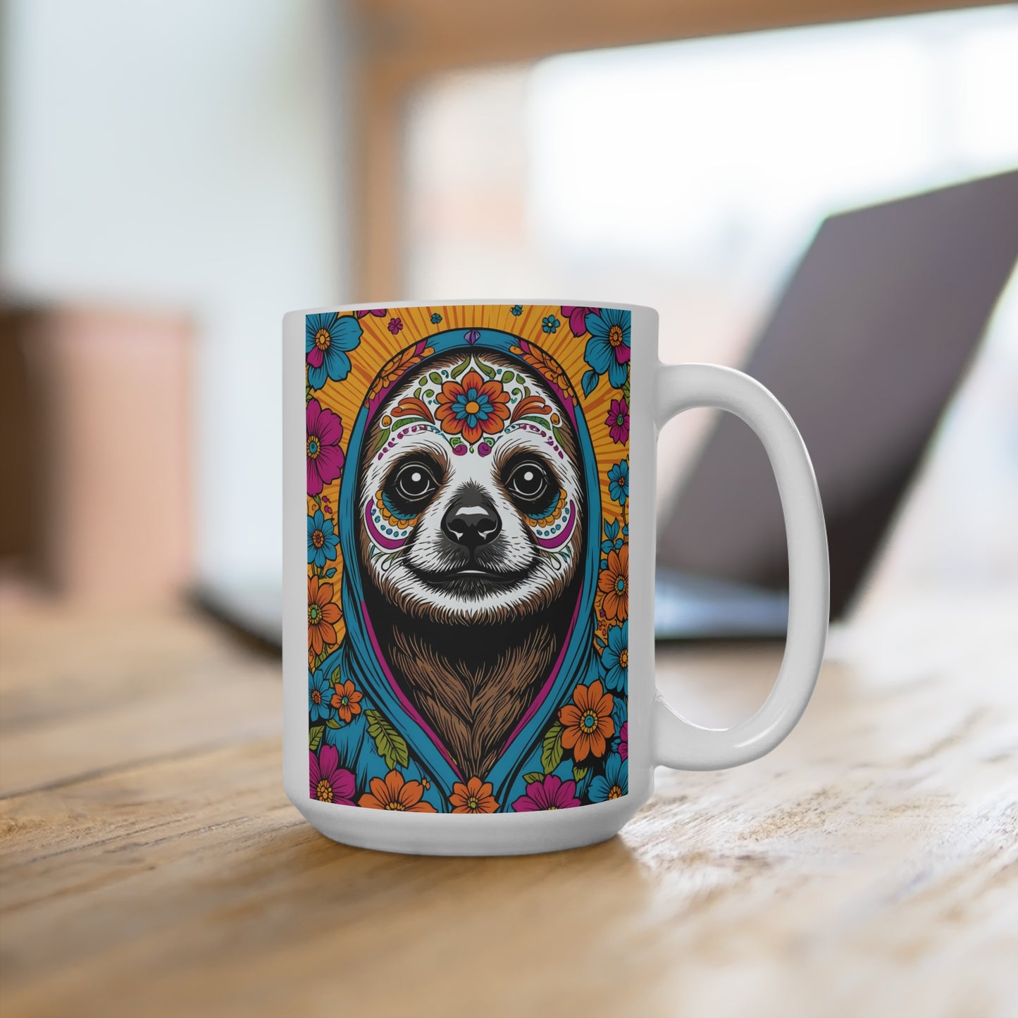 Colorful Sloth Mug, Boho Style Coffee Cup, Nature Lover Gift, Unique Ceramic Drinkware, Fun Animal Mug