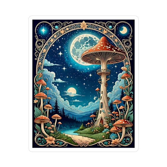 Mystic Mushroom Moon Sticker – Kiss Cut Vinyl Decal, Fantasy Cottagecore Artwork, Dreamy Psychedelic Aesthetic, Gift for Nature Lovers