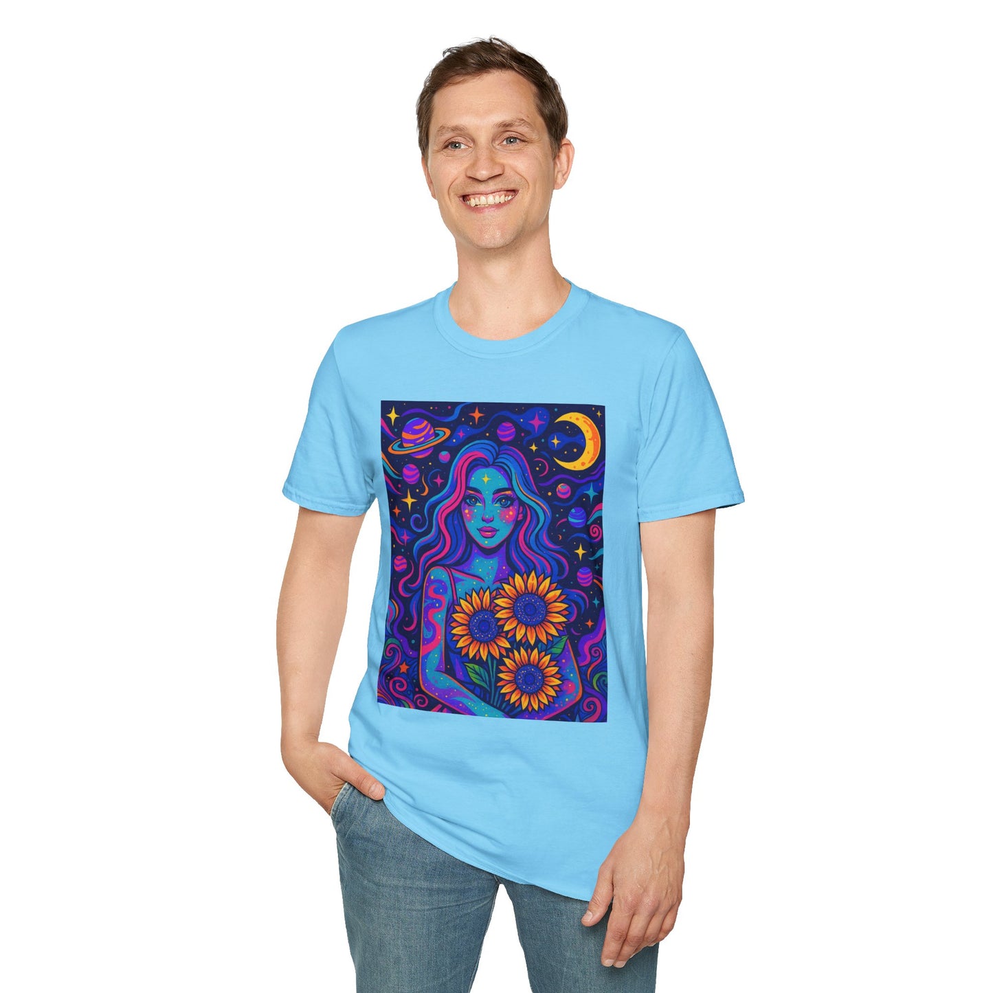 Psychedelic Sunflower Girl Shirt Trippy Space Goddess Tee Gift for Astrology Lovers Cosmic Art T Shirt for Hippies Star Gazers and Moon Magic Fans