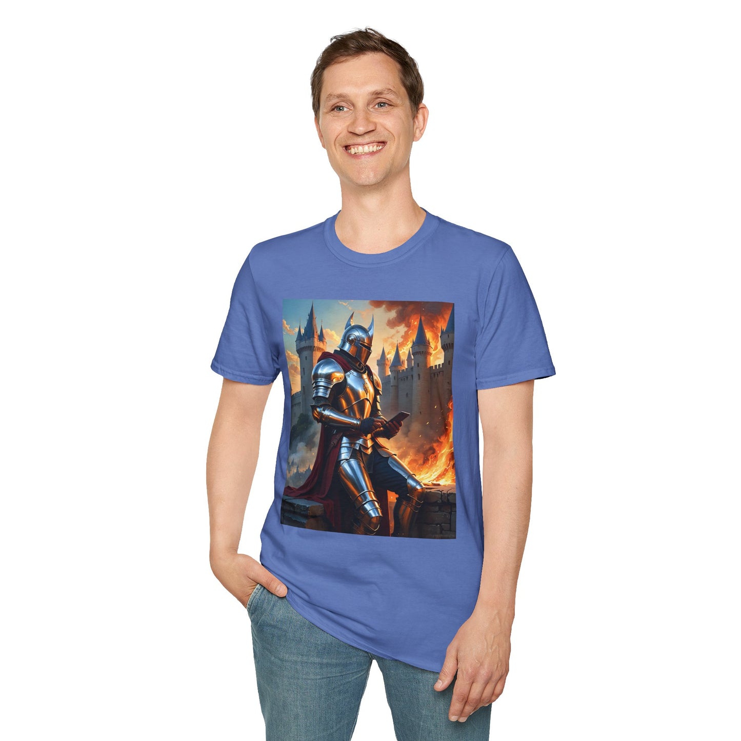 Knight in Burning Castle Shirt – Dark Fantasy Armor Tee – Gift for RPG Fans, Medieval Nerds, and Apocalyptic History Buffs