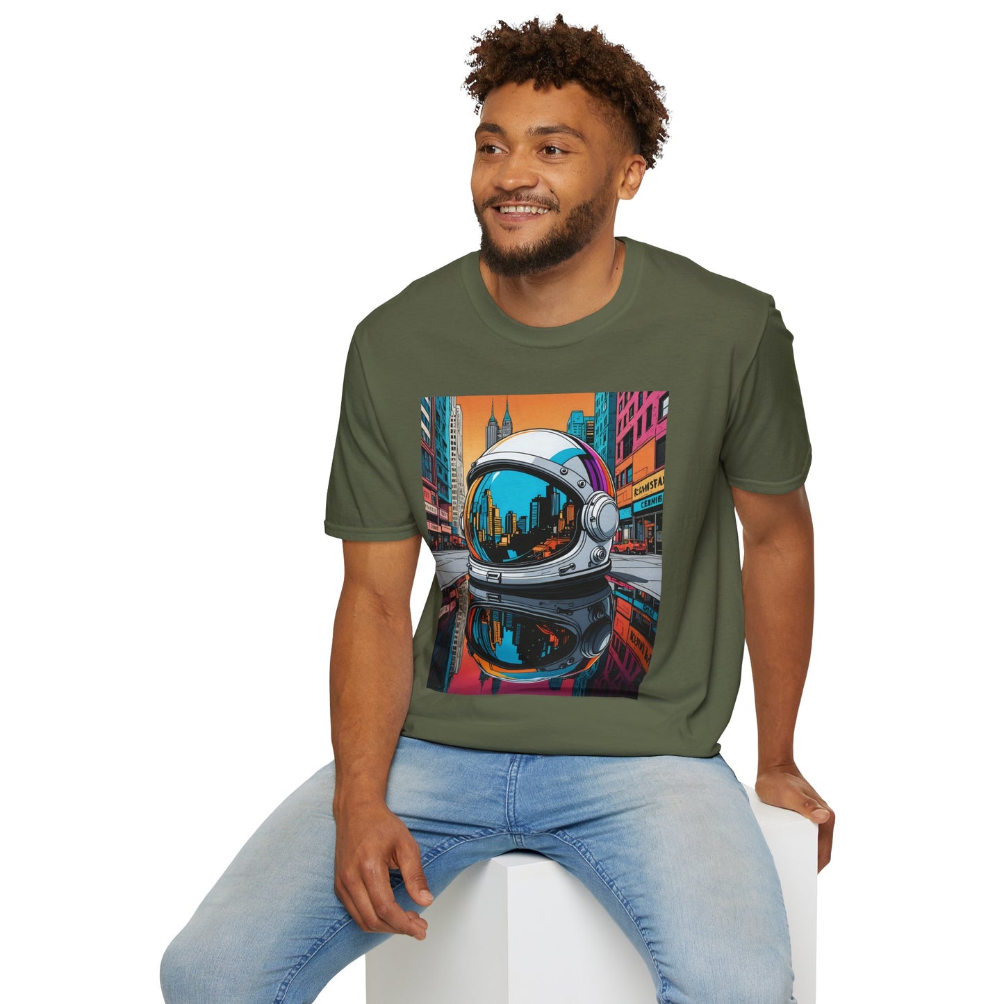 City Astronaut Reflection T-Shirt – Urban Space Art Tee – Gift for Sci-Fi Fans, Streetwear Addicts, and Cosmic Daydreamers