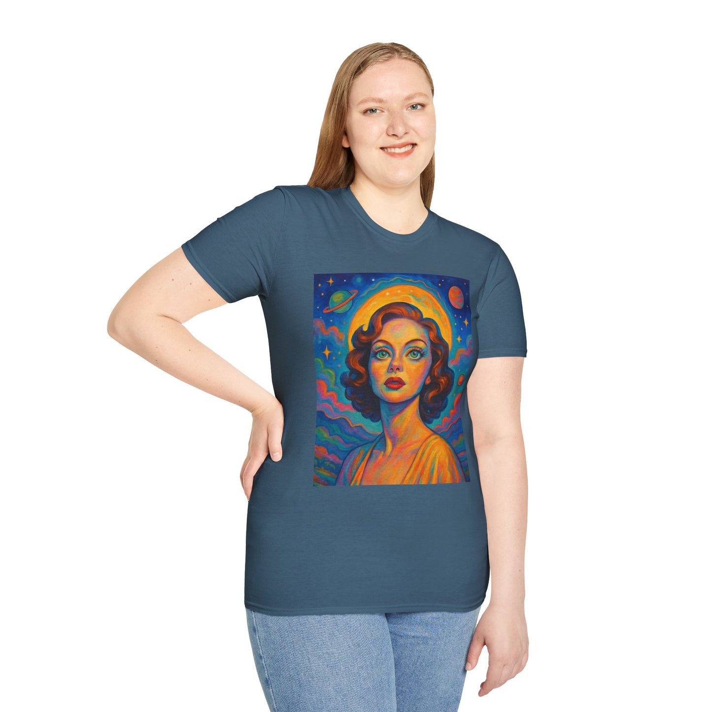 Retro Space Girl T Shirt Vintage Sci Fi Beauty Psychedelic Pop Art Galaxy Babe Tee Gift for Star Gazers Cosmic Fashion Astronaut Dreamwear