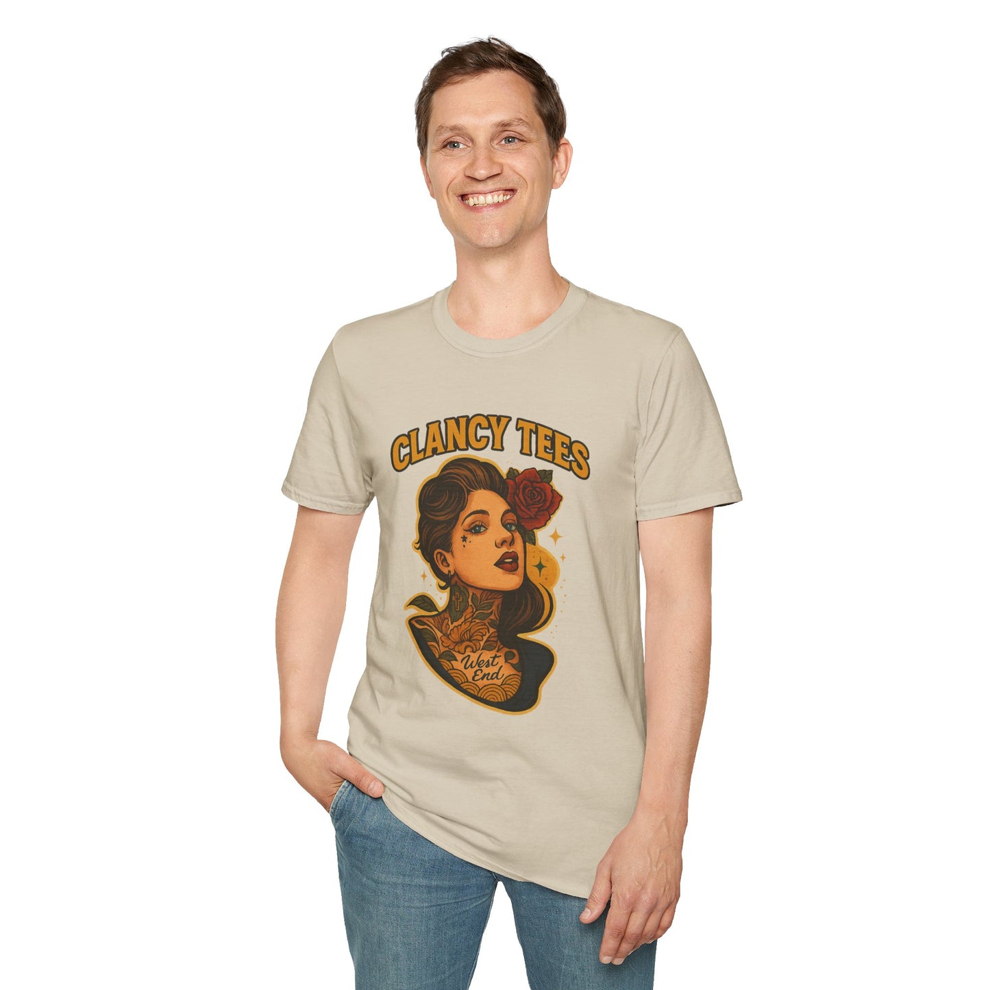 Vintage Tattoo-Inspired Unisex Softstyle T-Shirt, Unique Graphic Tee, Casual Statement Shirt, Perfect Gift for Friends & Festivals