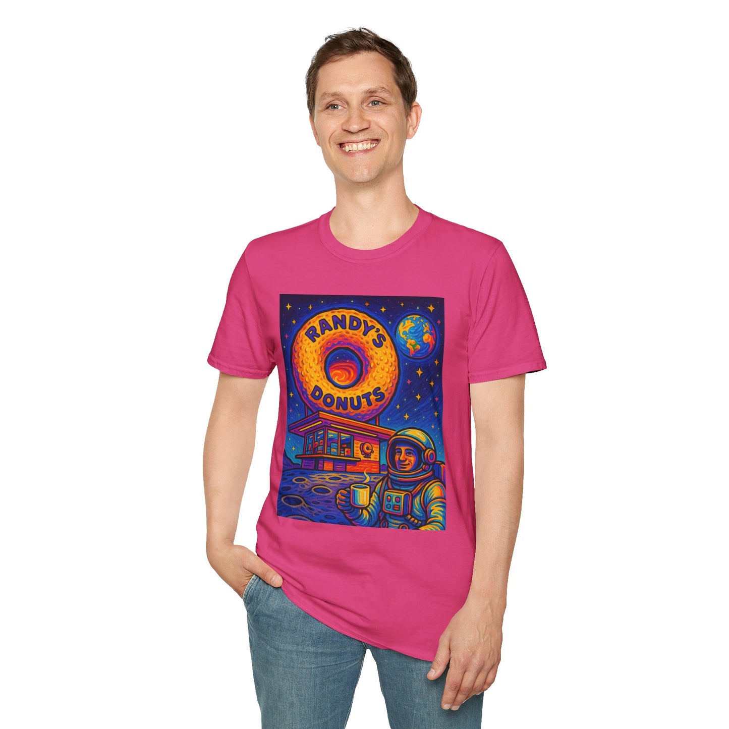 Space Donut T-Shirt – Retro Sci-Fi Astronaut Holding Coffee on the Moon – Gift for Foodies, Dreamers, and Outer Space Humor Fans