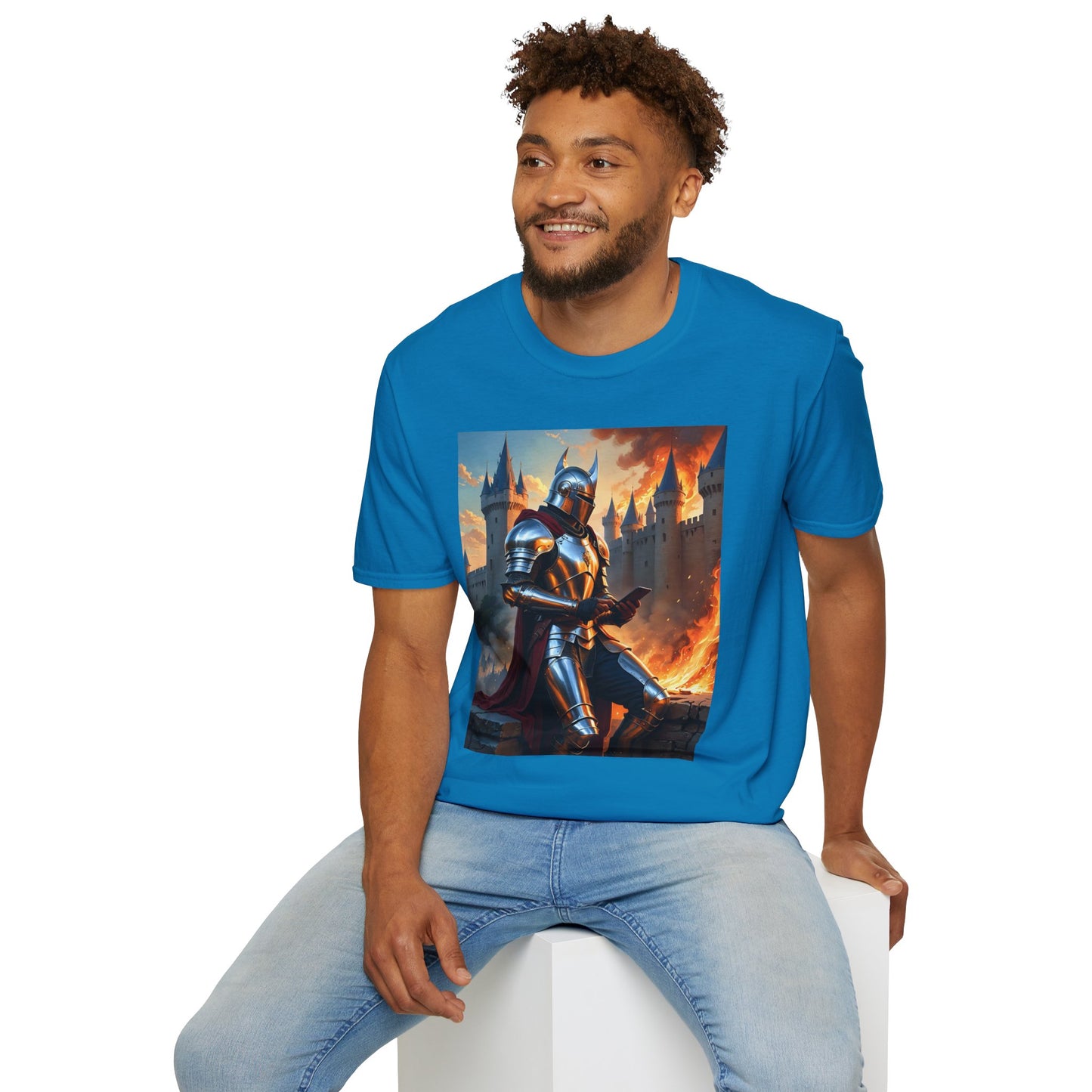 Knight in Burning Castle Shirt – Dark Fantasy Armor Tee – Gift for RPG Fans, Medieval Nerds, and Apocalyptic History Buffs
