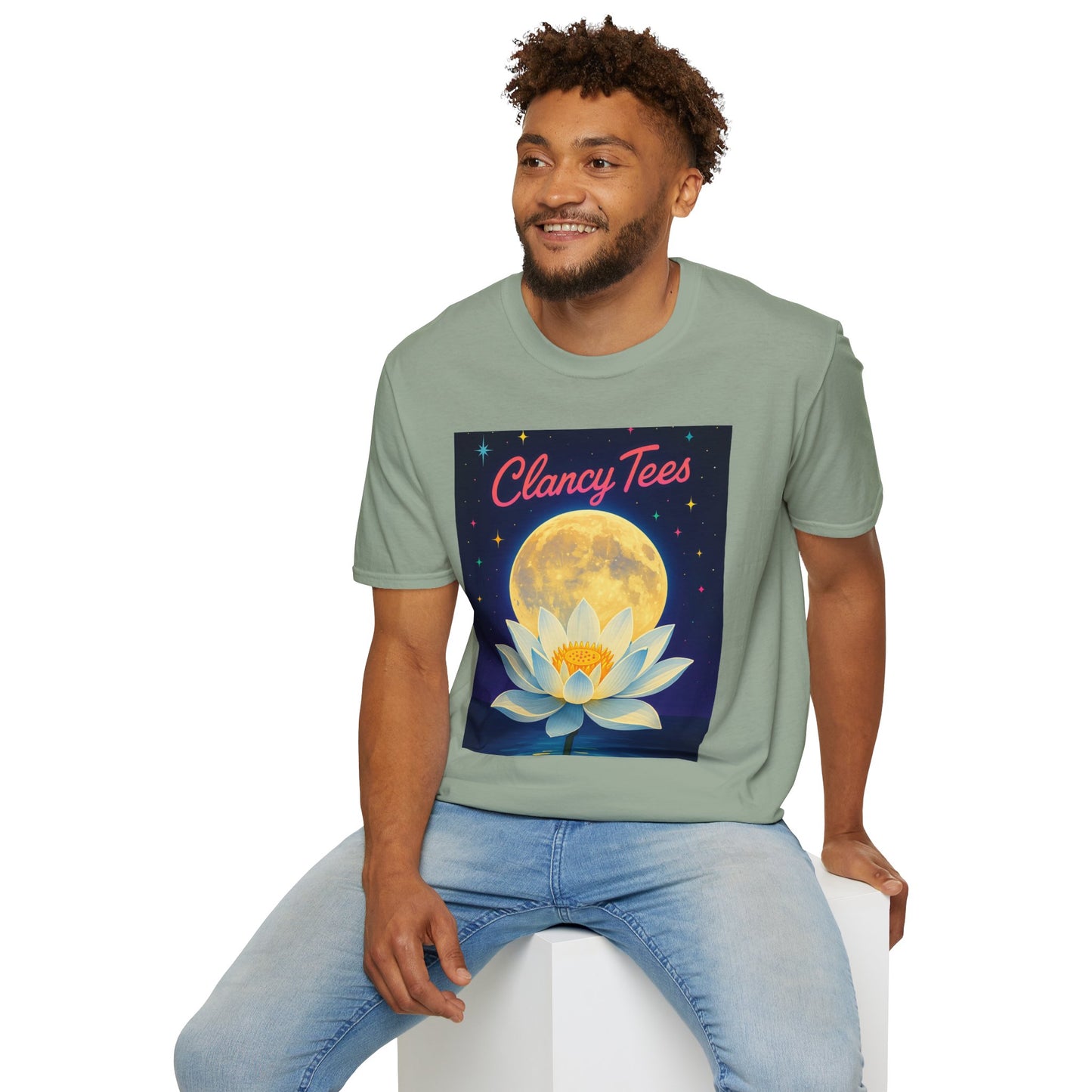 Moon Lotus Clancy Tees Shirt – Ethereal Floral T-Shirt with Full Moon Art – Gift for Nature Lovers, Yogis, Dreamers & Spiritual Aesthetic Fans