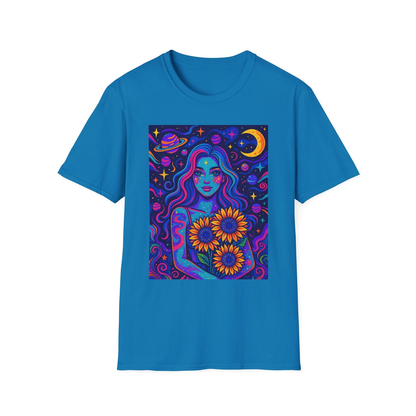 Psychedelic Sunflower Girl Shirt Trippy Space Goddess Tee Gift for Astrology Lovers Cosmic Art T Shirt for Hippies Star Gazers and Moon Magic Fans