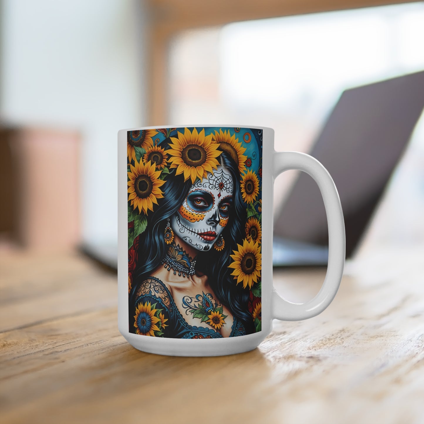 Day Of The Dead Sunflower Ceramic Mug Sugar Skull Artwork Gothic Coffee Cup Mexican Folk Art Inspired Design