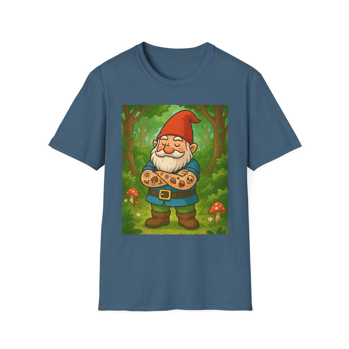 Tattooed Gnome T-Shirt – Funny Forest Inked Gnome Tee – Whimsical Tattoo Garden Shirt Gift for Mushroom Lovers, Gardeners, and Fantasy Fans