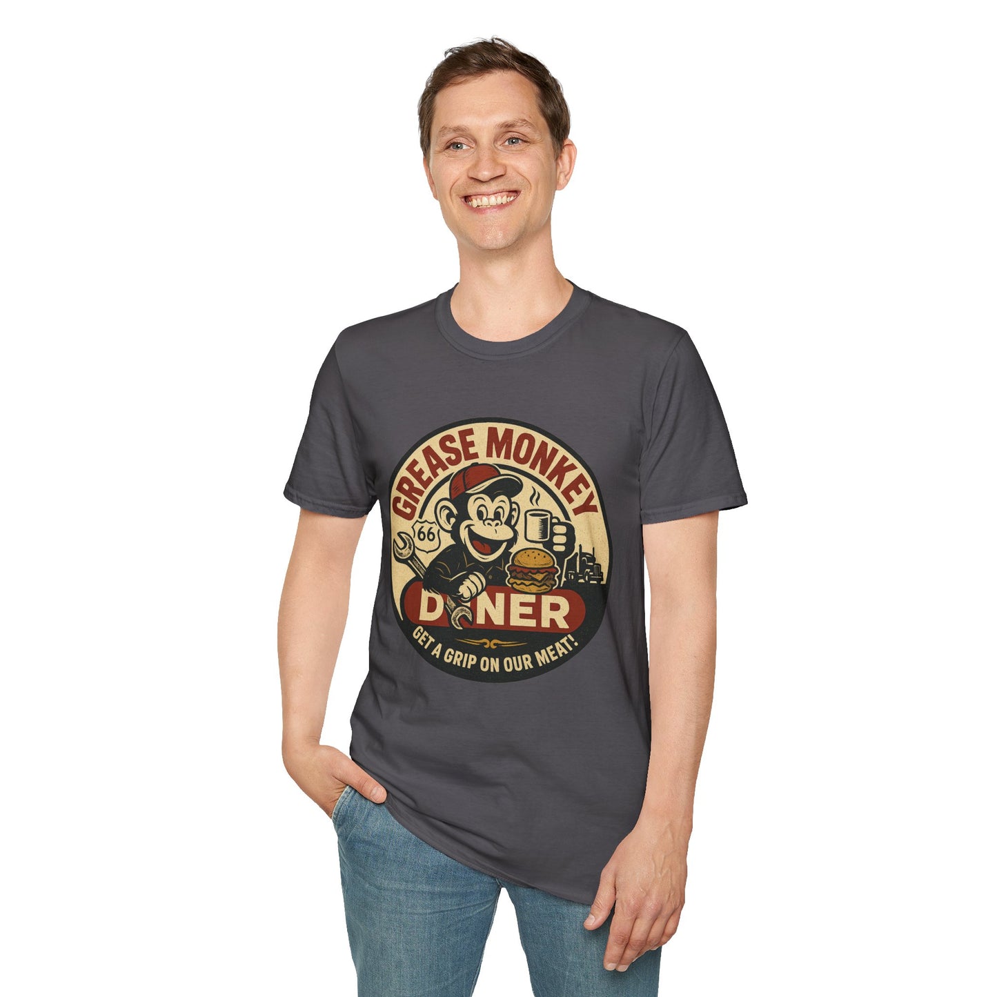 Grease Monkey Diner T-Shirt – Retro Mechanic Mascot Tee – Funny Vintage Roadside Shirt Gift for Car Guys, Grill Masters, and Route 66 Road Trip Fans