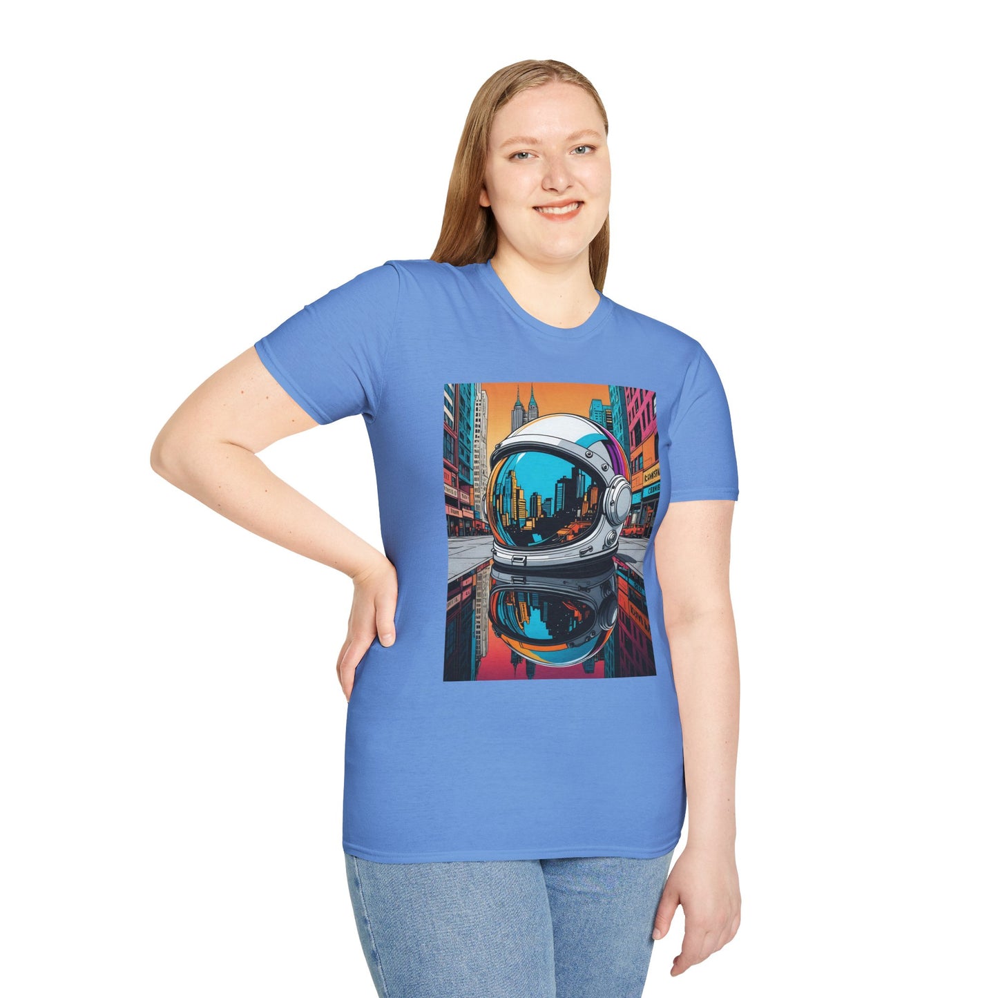 City Astronaut Reflection T-Shirt – Urban Space Art Tee – Gift for Sci-Fi Fans, Streetwear Addicts, and Cosmic Daydreamers