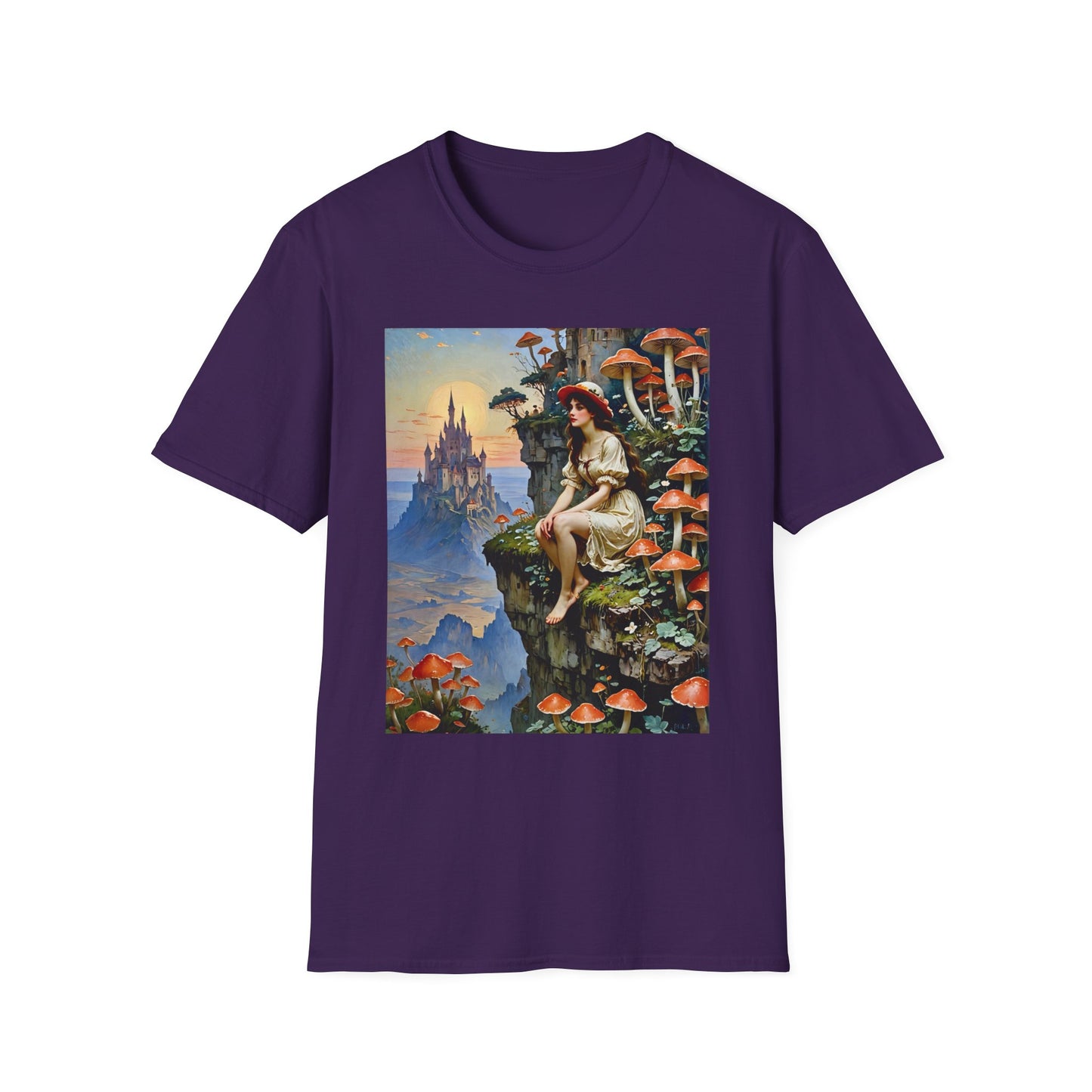 Fantasy Mushroom Fairy T-Shirt Enchanted Castle Cliffside Tee Surreal Magic Art Shirt Gift for Fantasy Fans Gift for Dreamers Psychedelic Nature Tee