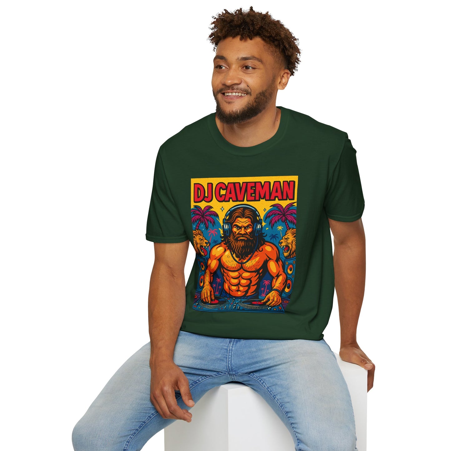 DJ Caveman T-Shirt Funny Rave Party Tee | Prehistoric Clubbing Shirt for Music Lovers | Gift for DJs and EDM Fans | Caveman Aesthetic Shirt