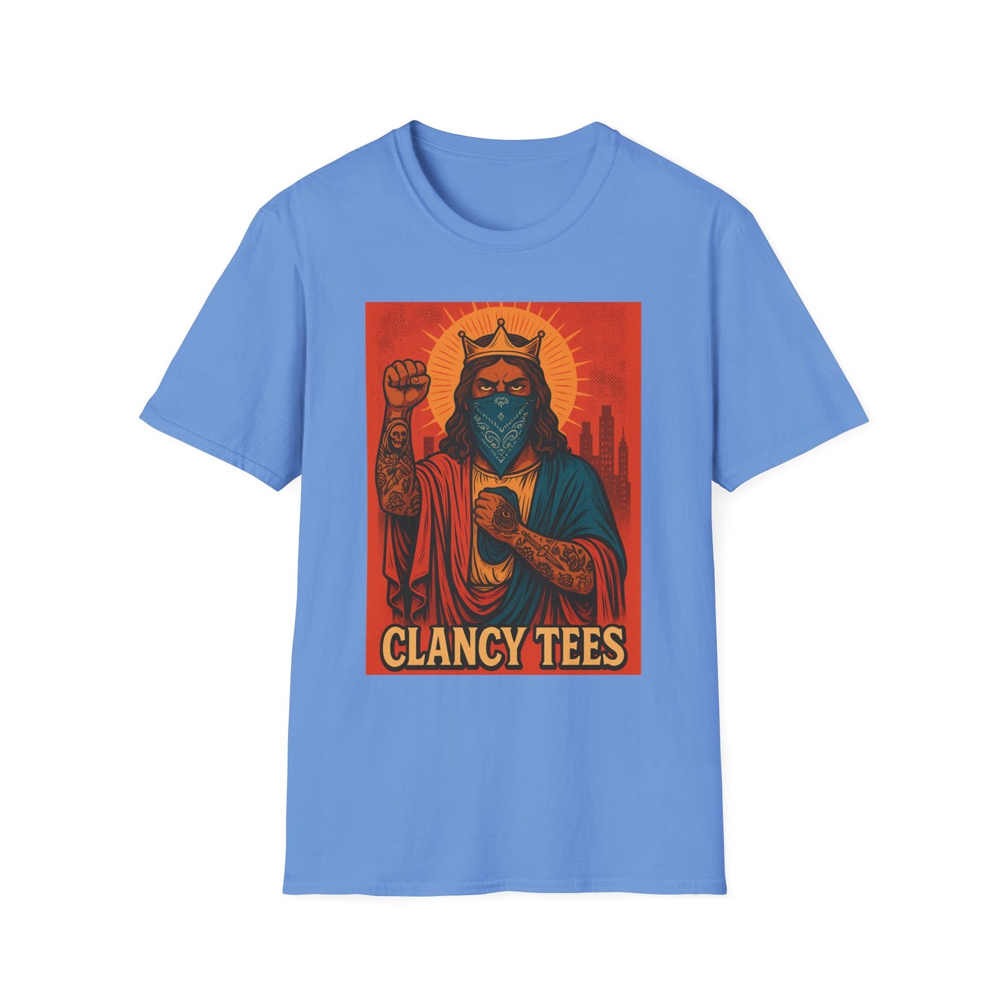 Tattooed Jesus Street Art Shirt – Clancy Tees | Urban Messiah Graphic Tee | Bold Religious Satire Shirt | King of the Block Tee