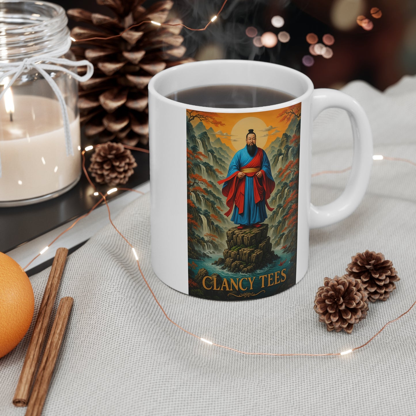 Ancient Warrior Ceramic Mug 11oz – Samurai Artwork Coffee Cup, Mythical Asian Mountain Design, Gift for History Lovers