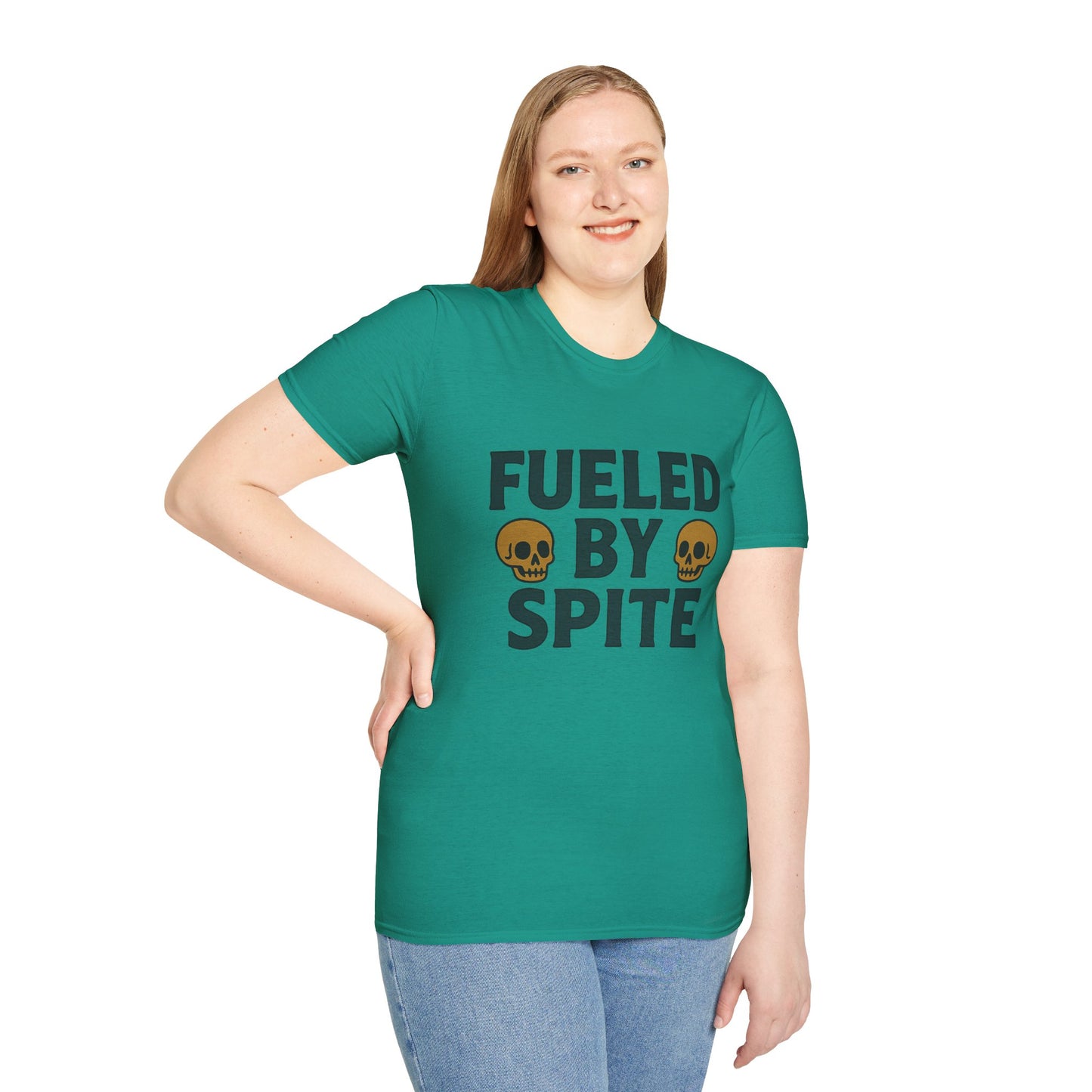Fueled by Spite Unisex Softstyle T-Shirt, Funny Graphic Tee, Goth Aesthetic Shirt, Gifts for Spiteful Friends, Casual Wear