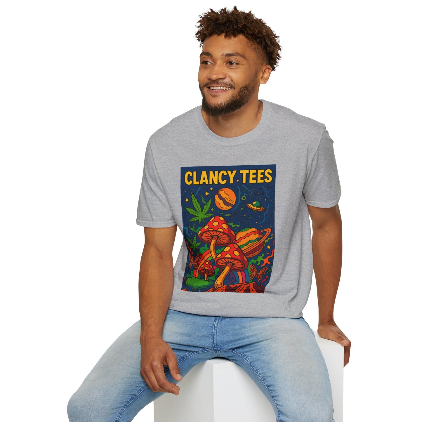 Trippy Mushroom Graphic T Shirt Psychedelic Space Art Tee Cosmic Fungi Illustration Unisex Softstyle Gift for Stoner Friends Gift for Psychedelic Fans