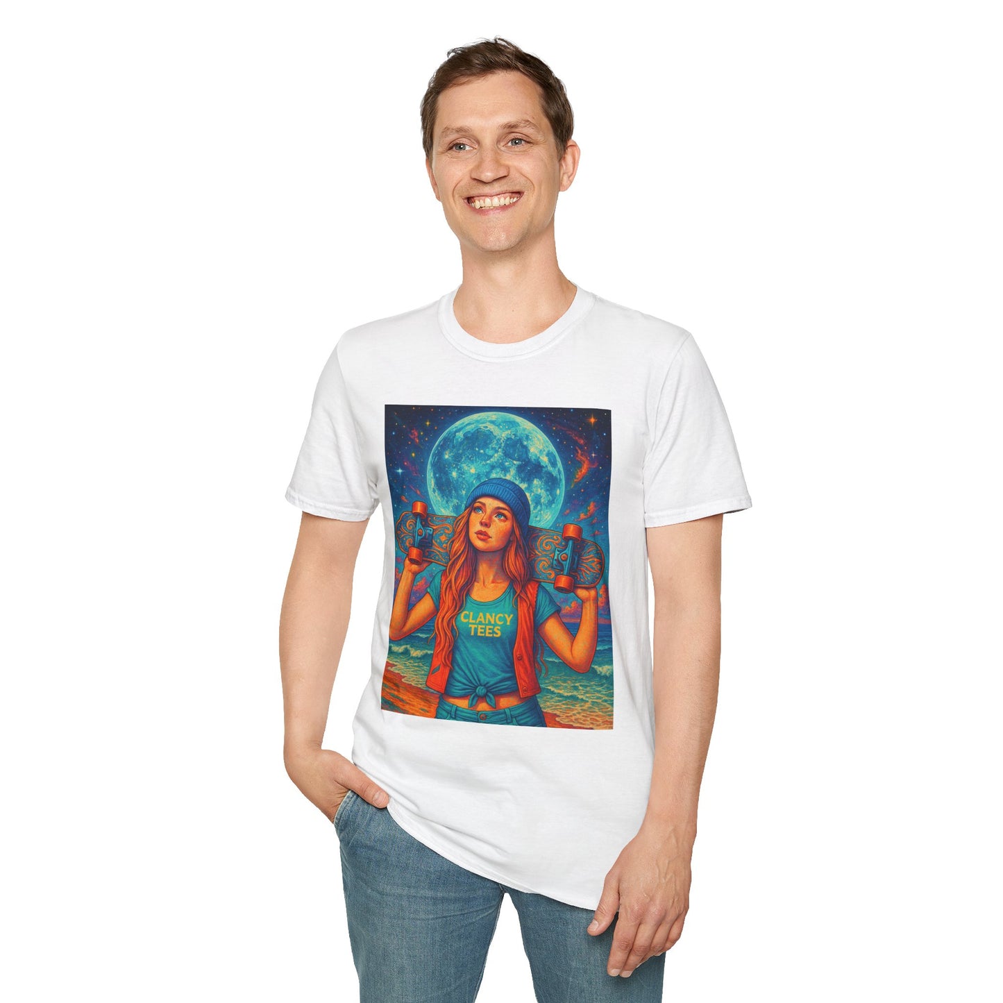 Bohemian Skater Girl Graphic Tee, Unisex T-Shirt with Moon & Nature Design, Perfect for Festivals, Gift for Nature Lovers, Summer Vibes, Casual Wear