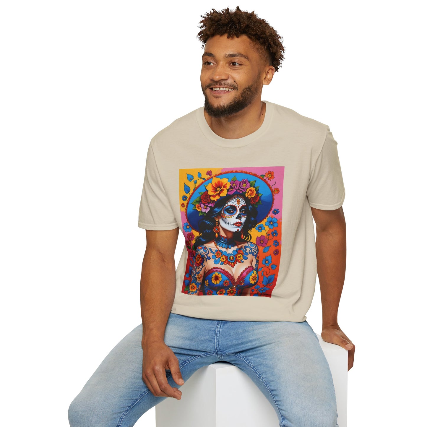 Sugar Skull T-Shirt – Día de los Muertos Art Tee – Gift for Goth Aesthetic Fans, Colorful Skull Lovers, and Tattoo-Inspired Fashion